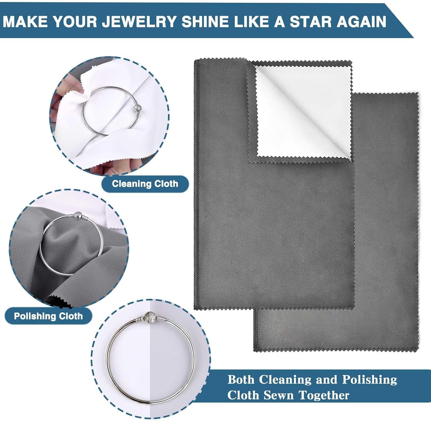SEVENWELL 4pcs Jewelry Polishing Cleaning Cloth Large 10'' x 12'' for Sterling Silver Jewelry Gold, Diamond, Platinum, Precious Stones, Coins (Dark Gray)
