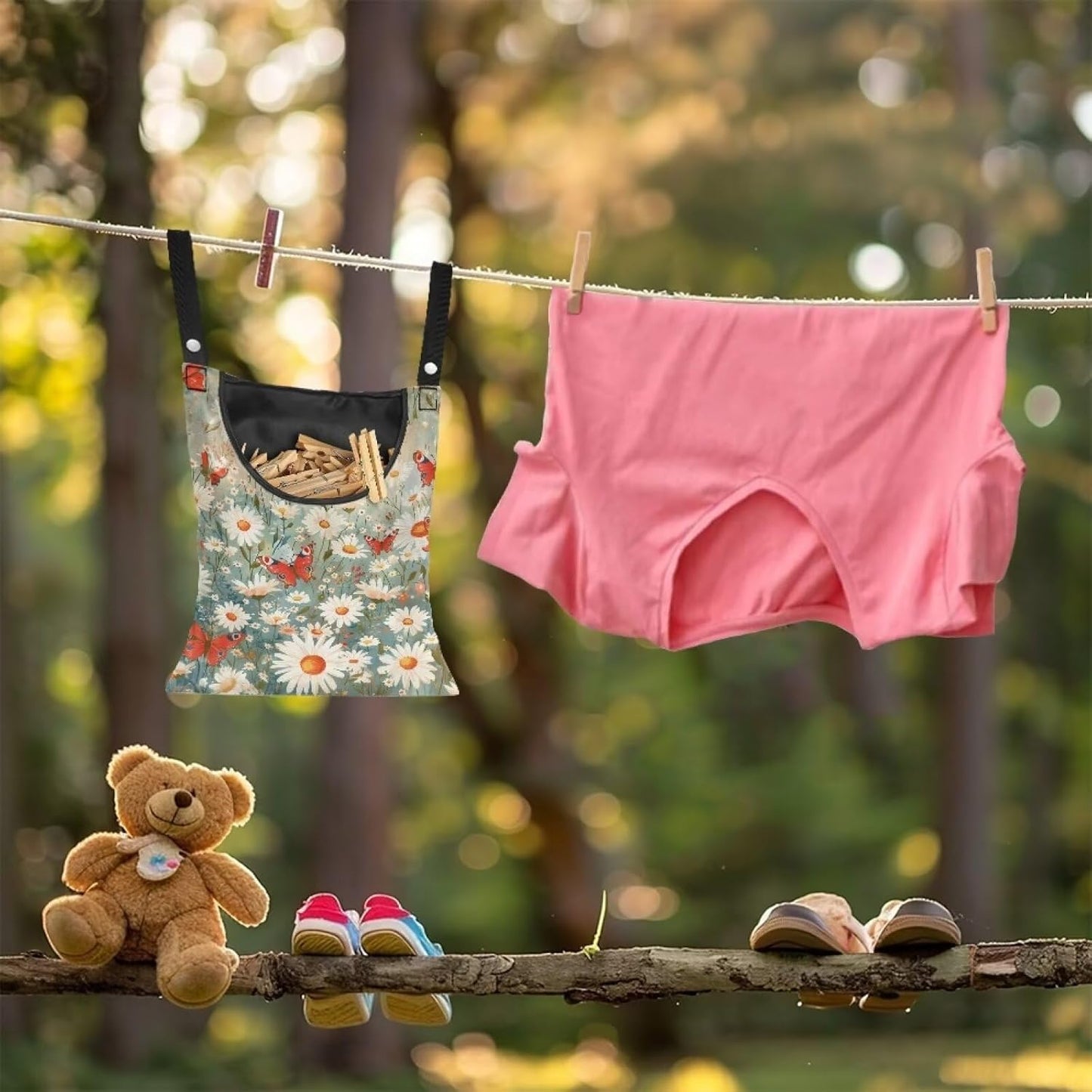 Daisy Clothespin Bag Butterfly Laundry Hanging Storage Organizer Clothes Pin Hanging Bags with Rope Clothespin Holder with an Space-Saving Opening for Clothesline Outdoor