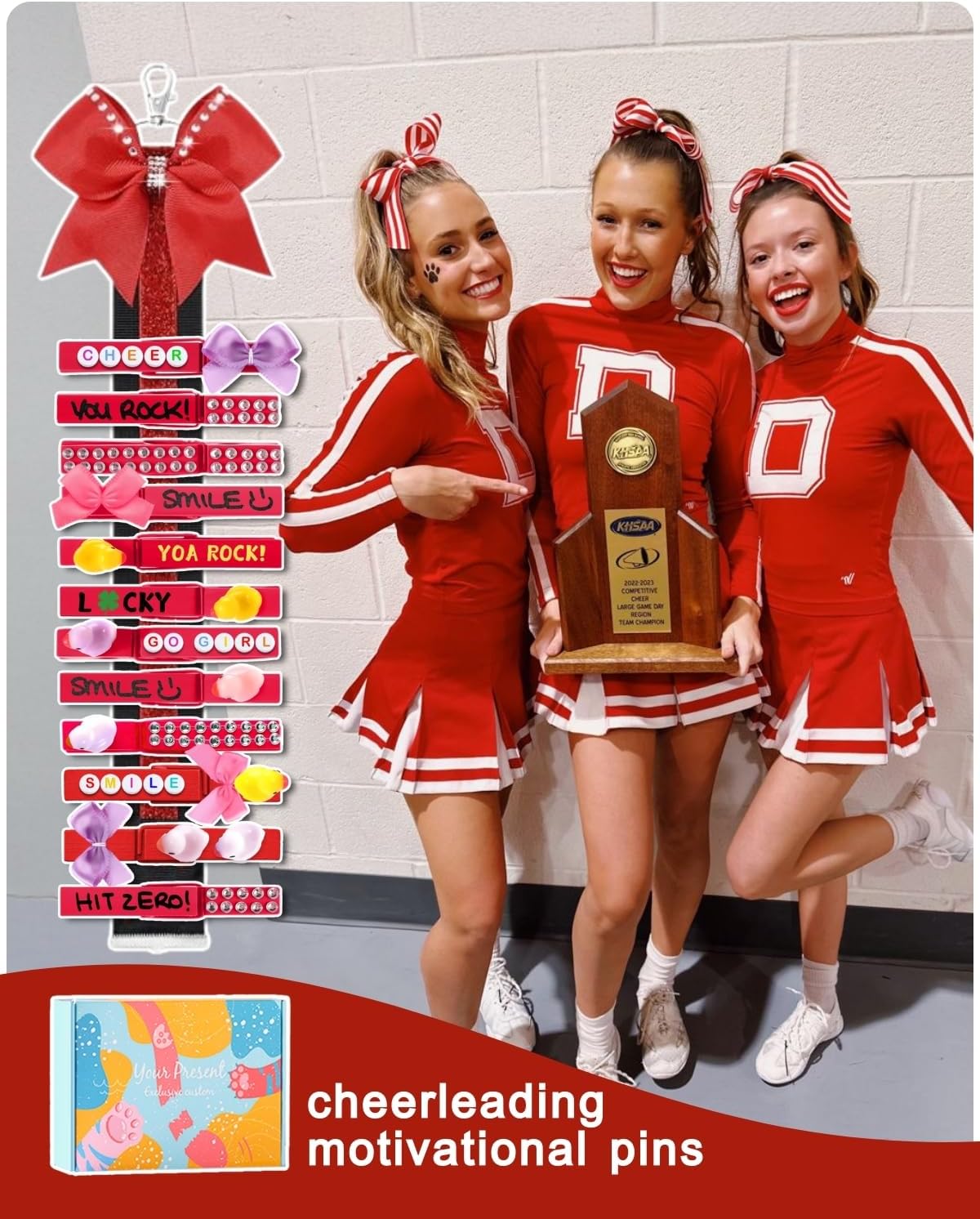 Cheer Pins for Backpack Cheer Stuff Kit 70 Red Colored Clothes Pins with Mini Resin Ducks Bows Letter Beads Team Cheerleaders Gifts Bulk Pin Me Ribbon for Bag Decorations Competition Spirit Clips