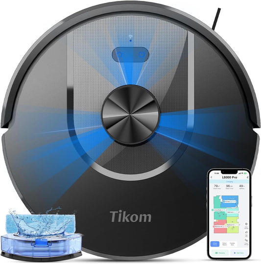 Tikom Robot Vacuum and Mop Combo, 6000 Pa Automatic Robotic Vacuum Cleaner, Smart Mapping, 150 Min Max, Ideal for Pet Hair, Hardfloors, Carpets, Home(L8000 Pro)