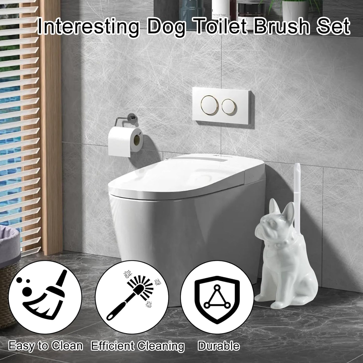 Comeon Ceramic Dog White/Black Toilet Brush and Holder Set, Plastic Handled Scrub Brush for Bathroom Cleaning,13.7"*6.3" (White)