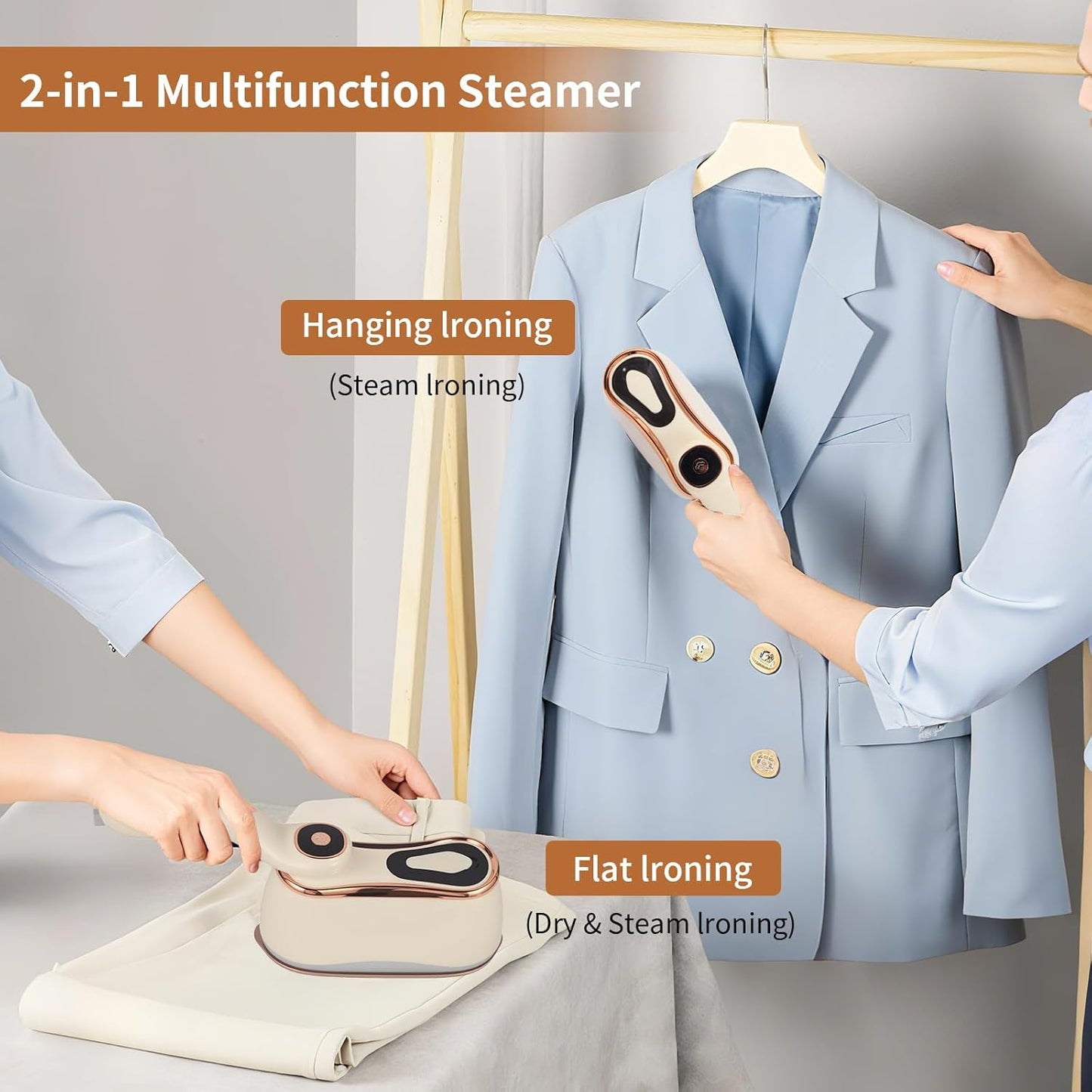 Portable Steam Iron for Clothes for Travel & Home, Handheld Garment Steamer & Iron 2 in 1 Wrinkle Remover, Travel Size with 4 Modes, LCD, Ceramic Soleplate,218mL,15-Second Heat, 110V-120V