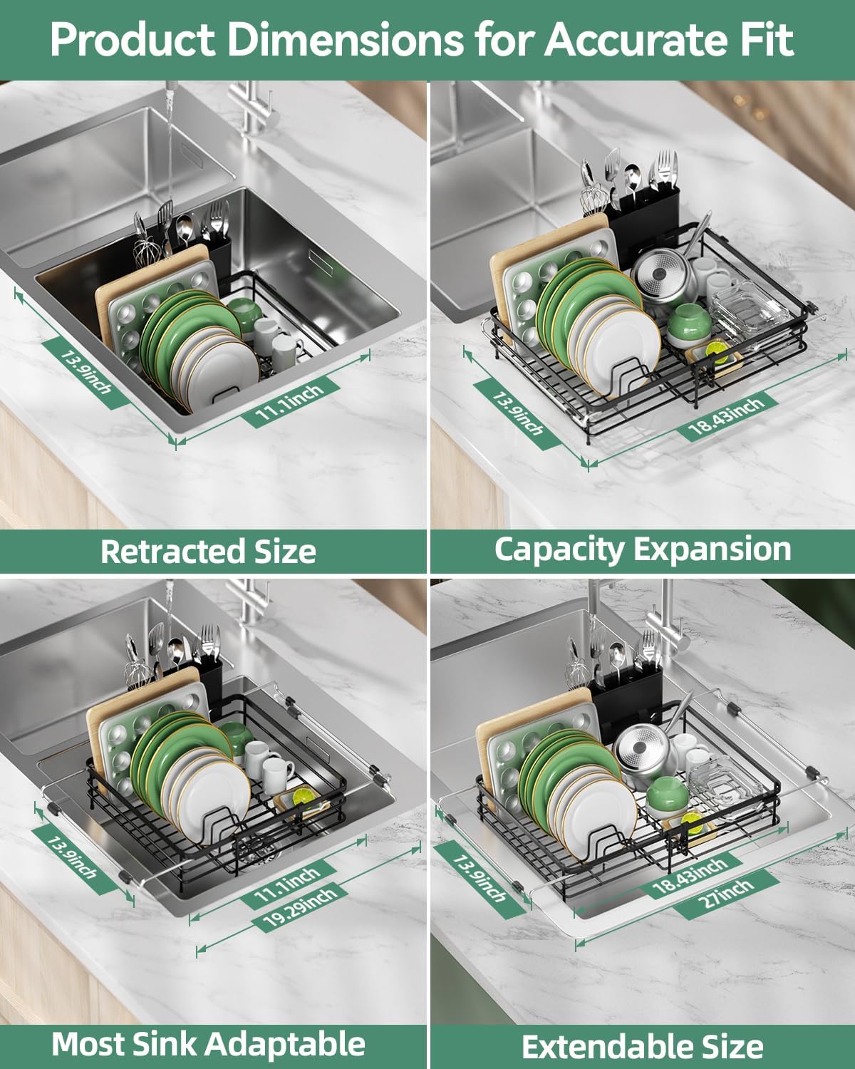Expandable in Sink Dish Drying Rack - Adjustable Capacity (11.1''-18.43 ''L) Over Sink Dish Drainer Drying Rack for Kitchen Counter, Dish Rack with Utensil Holder