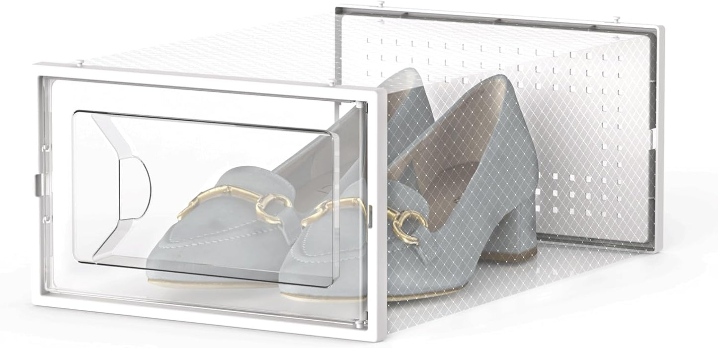 Kuject 15 Pack Shoe Storage Boxes, Large Clear Plastic Stackable Shoe Organizer for Closet, Connect Left and Right Shoe Boxes Case Container Bin for Entryway, Drop Front, Fit for Size 10(White)