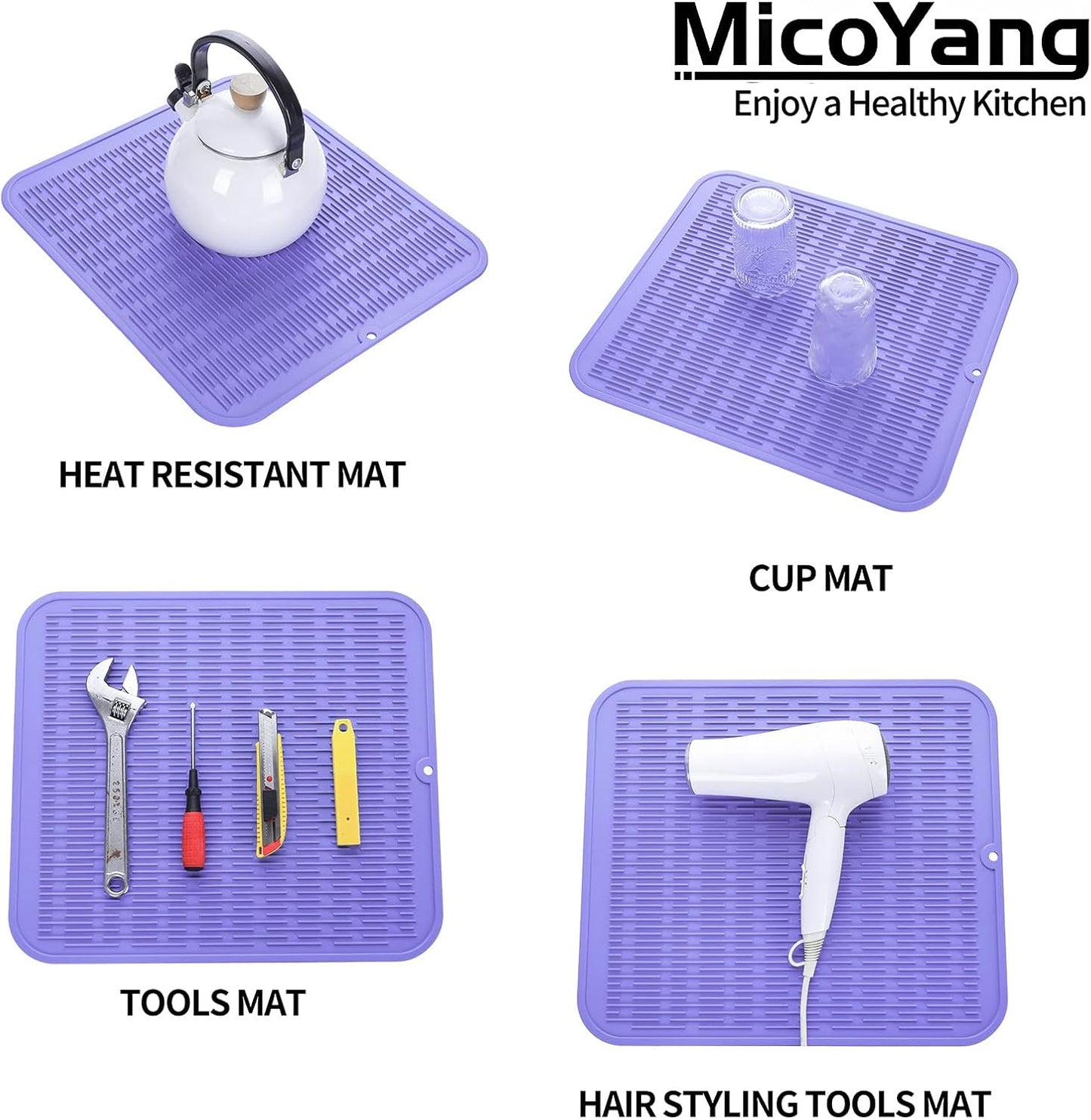 Silicone Dish Drying Mat for Multiple Usage,Easy clean,Eco-friendly,Heat-resistant Silicone Mat for Kitchen Counter or Sink,Refrigerator or Drawer Liner Light Purple XL 18 inches x 16 inches