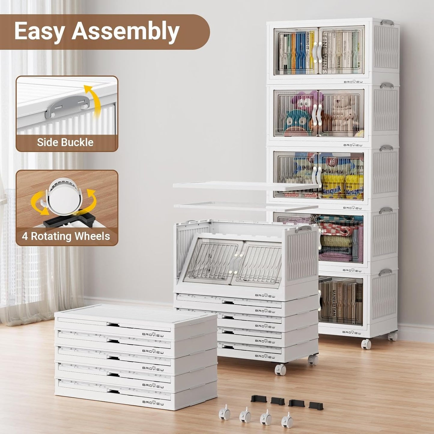 BROVIEW 300Qt Stackable Storage Bins with Lid, Extra Large Closet Organizer Collapsible Drawer Boxes with Wheels, Folding Plastic Cabinet Containers for Home Kitchen Room Organization, 5Pack White