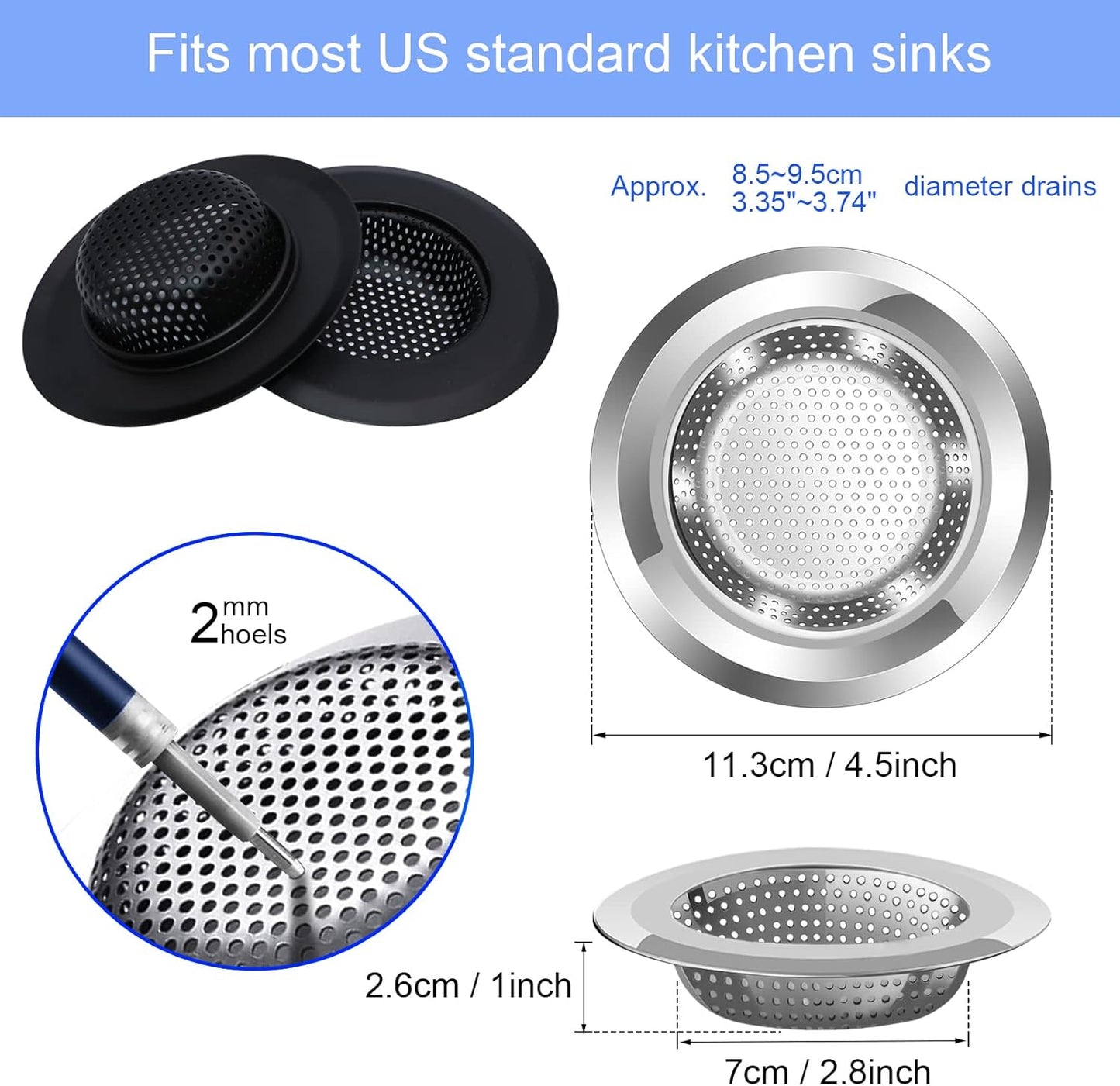 Kitchen Sink Drain Strainer, 4 Pack Stainless Steel and Black Mesh Sink Strainer for Kitchen with Large Wide Rim 4.5" Diameter, Sink Filter Strainer with 3" Basket Sink Food Catcher