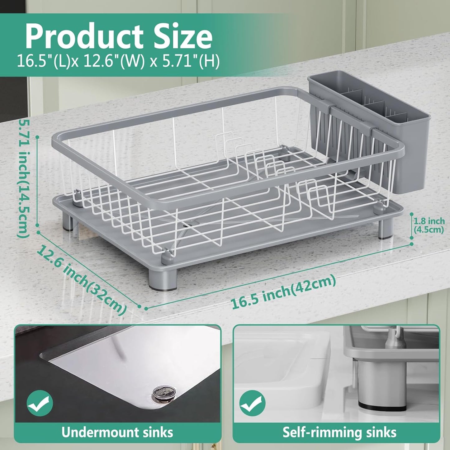 Dish Drying Rack - Space-Saving Dish Rack,Dish Racks for Kitchen Counter with Drainboard, Rustproof Dish Drainer with a Removable 4-Compartment Utensil Holder,Gray
