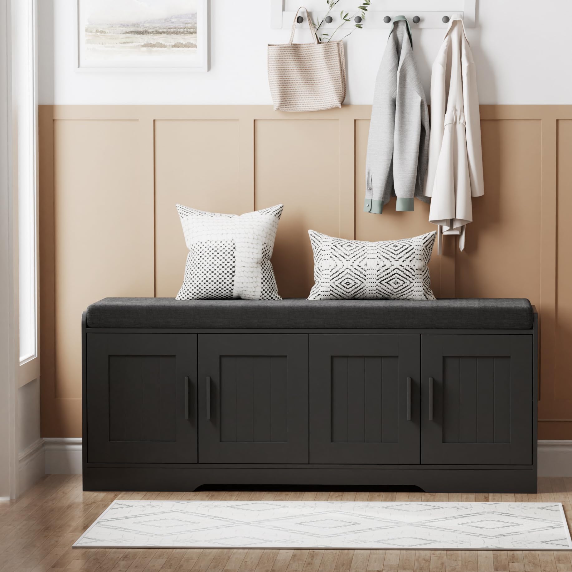 Homleke Shoe Storage Bench, 4 Doors & Thickened Padded Seat Cushion