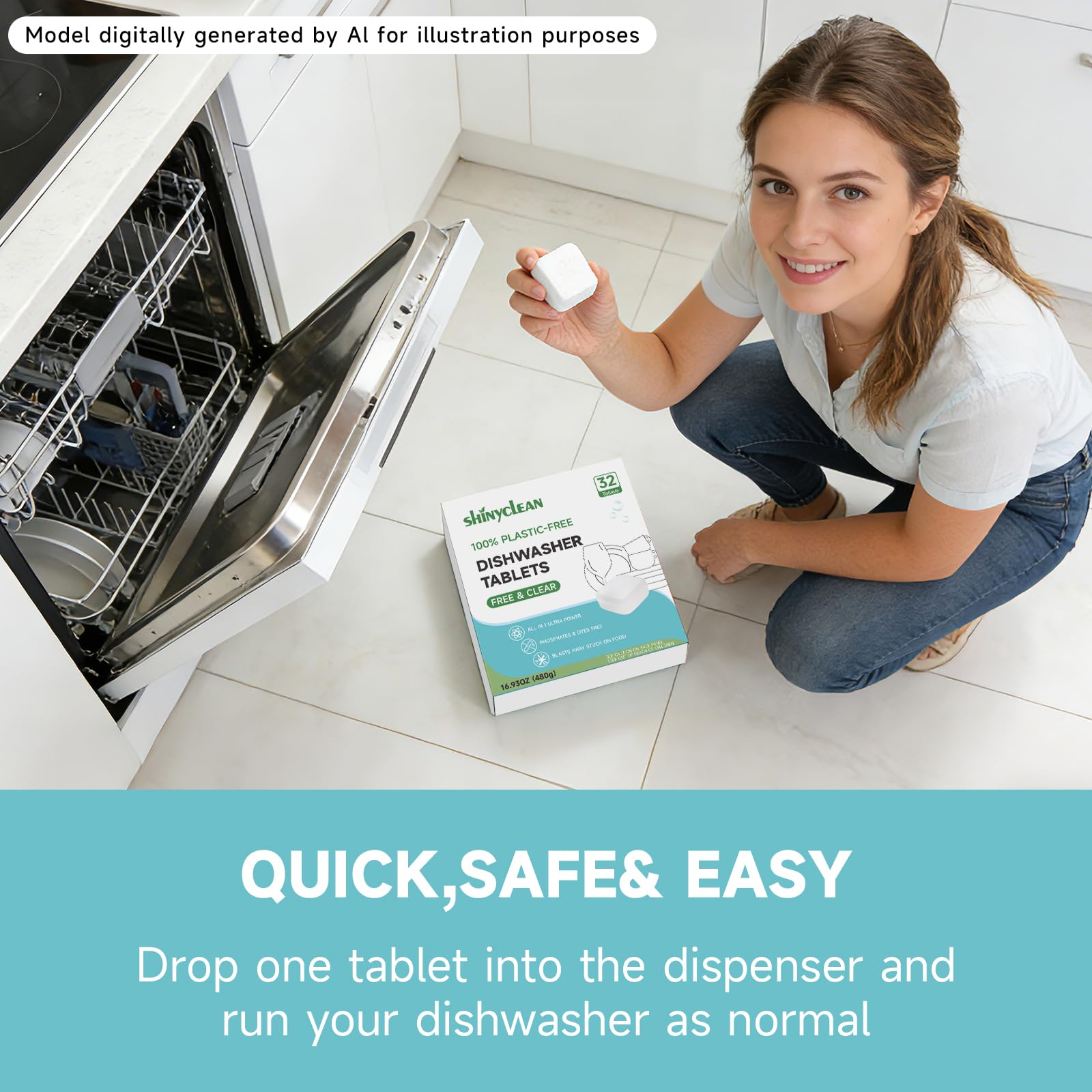 Shinyclean 100% Plastic-Free Dishwasher Tablets, Free & Clear, 32 Count