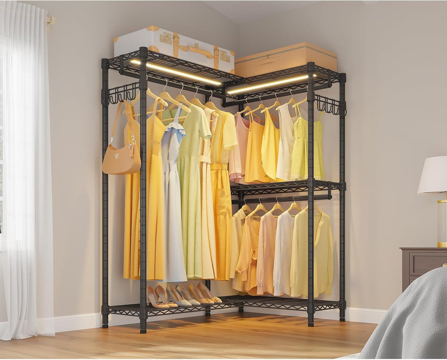 VIPEK L4L Portable Closet with Dimmable LED Lights, L Shaped Clothes Rack for Corner Space-Saving Storage, 3 Hanger rods for Hanging Heavy Duty Coats, Max Load 810LBS, Black
