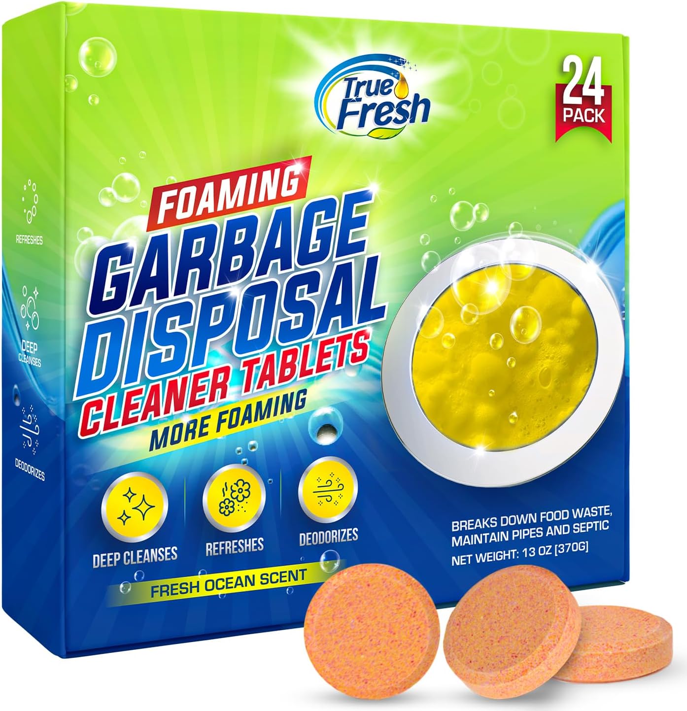 True Fresh Garbage Disposal Cleaner – 24-Pack Foaming Sink and Drain Deodorizer Tablets, Powerful Cleaning Solution for Odor Removal and Maintenance – Works with All Disposals