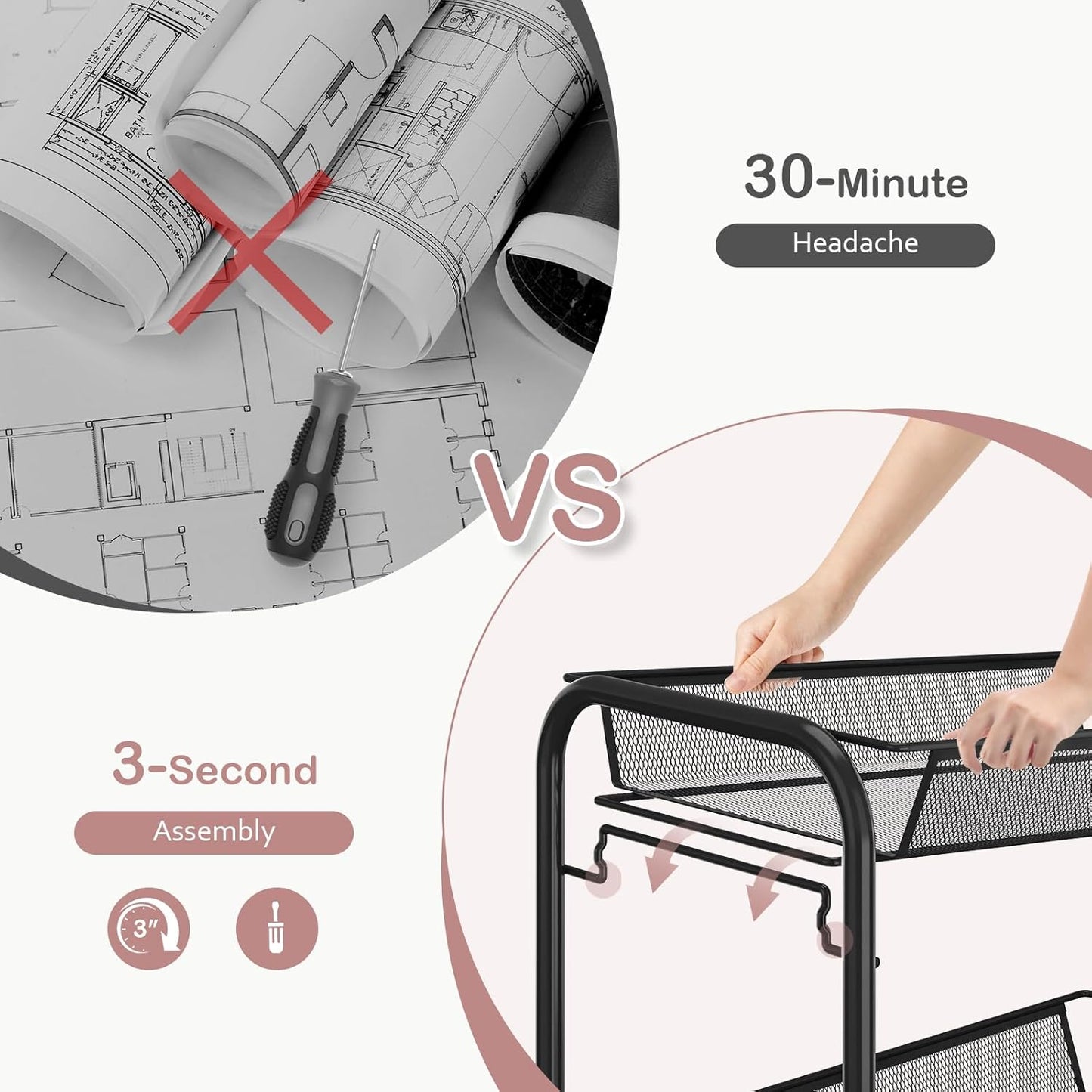 TOOLF 4-Tier Rolling Cart, Metal Utility Cart with 3 Hooks, Easy Assemble Mobile Storage Trolley On Wheels, Metal Shelving Units Kitchen Bathroom Laundry Room