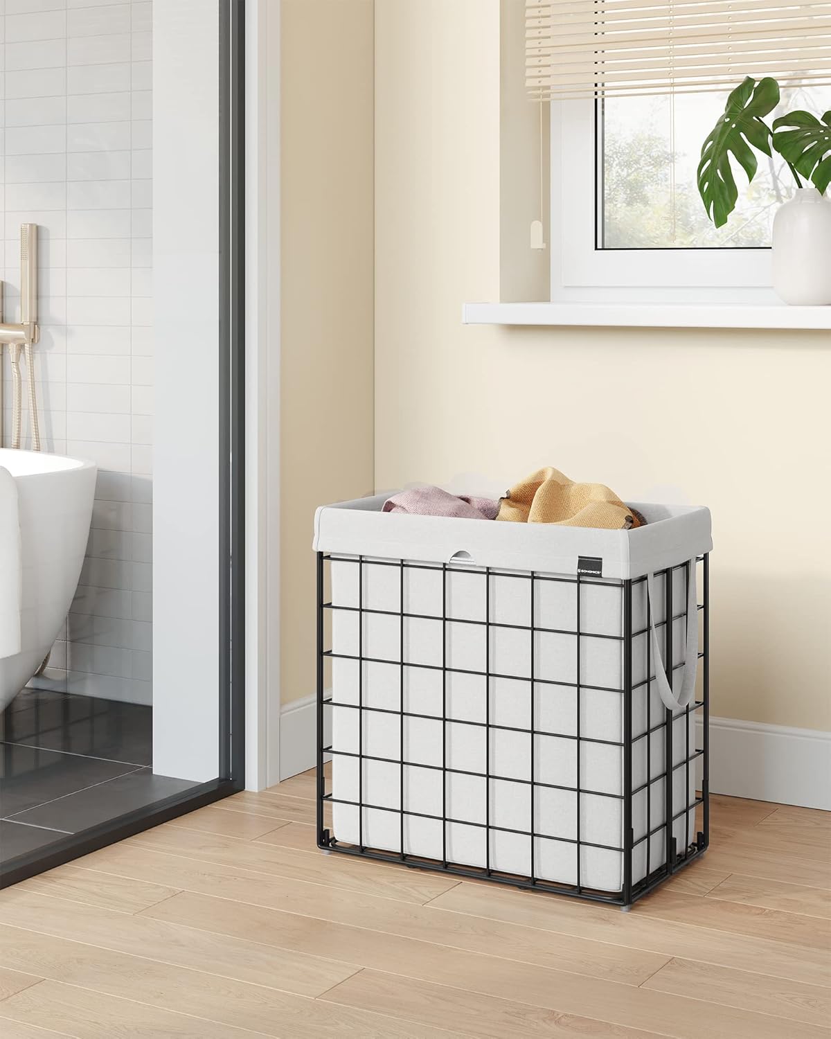 SONGMICS Laundry Hamper, 29 Gal. (110L) Laundry Basket, Collapsible Clothes Hamper, Removable and Washable Liner, Metal Wire Frame, for Bedroom Bathroom, Cream White ULCB111W01