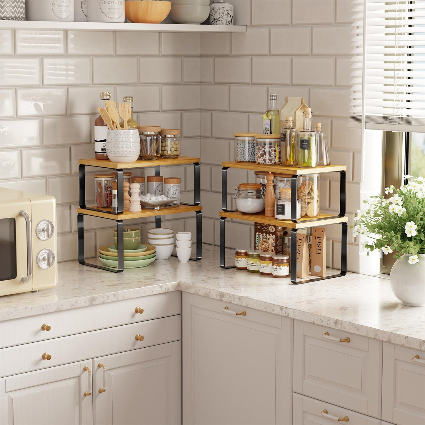 Simple Trending Bamboo Cabinet Organizer Shelf, Set of 2 Kitchen Counter Shelves, Stackable