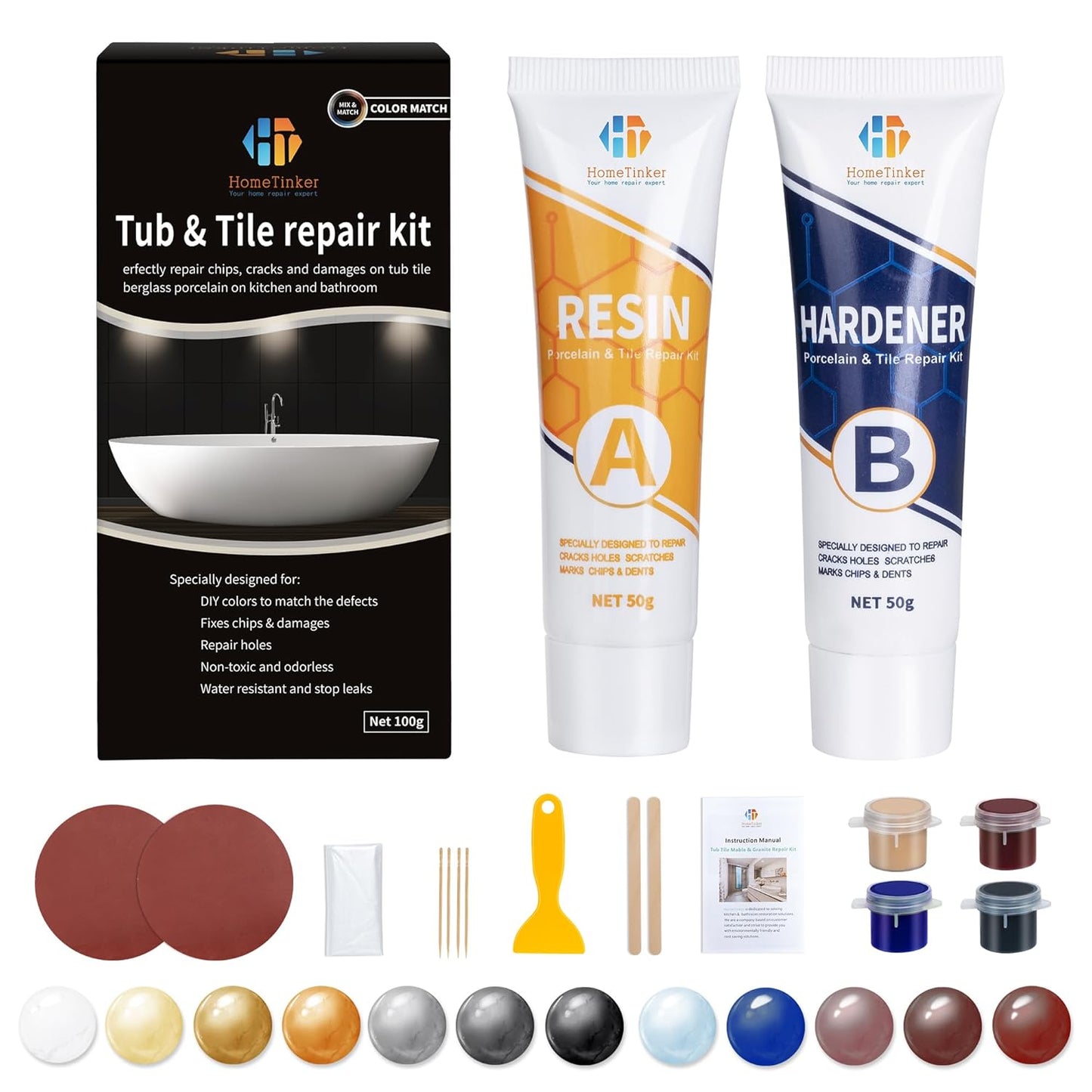 Tub Repair Kit White(Color Match), Fiberglass Porcelain Repair Kit for Acrylic, Ceramics, Enamel, Tile, Repairs Chips, Cracks, Scratches, Holes on Tub, Tile, Bathtub, Toilet, Sink, Shower Tray