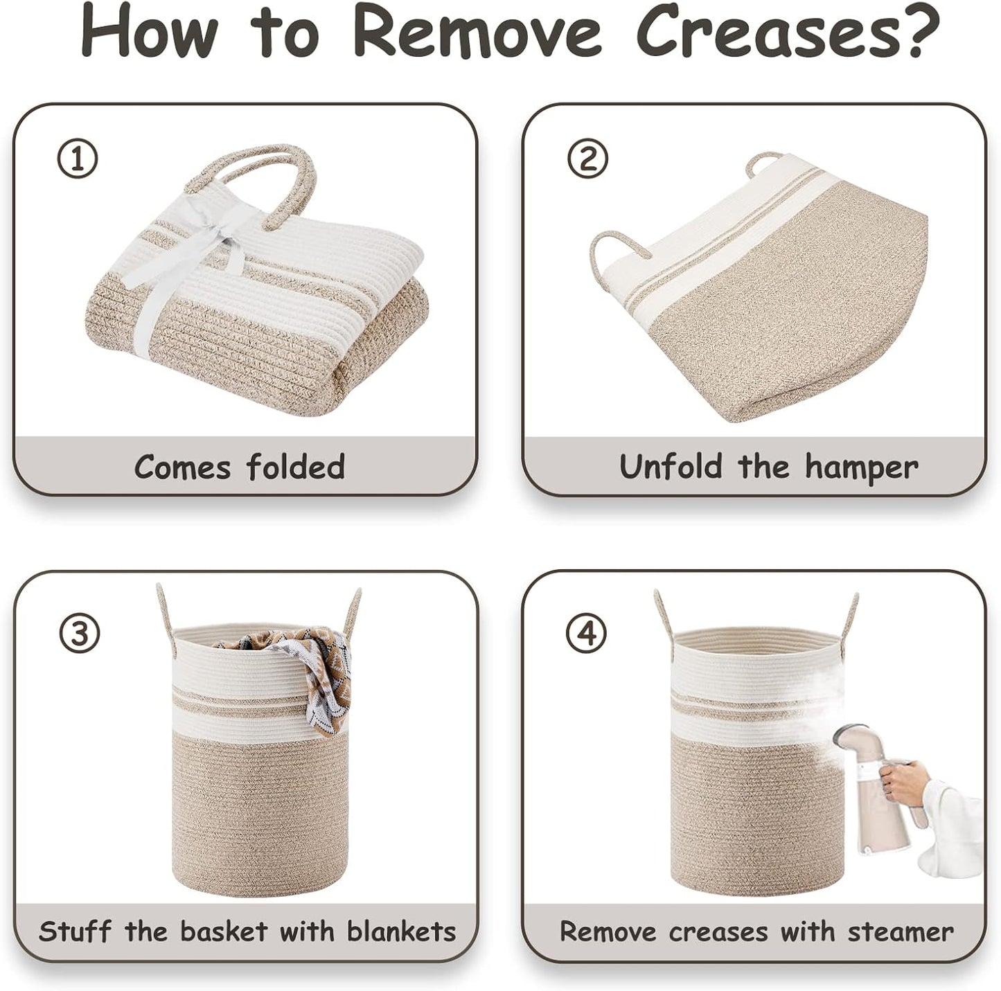 VIPOSCO Large Laundry Hamper, Tall Woven Rope Storage Basket for Blanket, Toys, Dirty Clothes in Living Room, Bathroom, Bedroom - 100L Brown & White