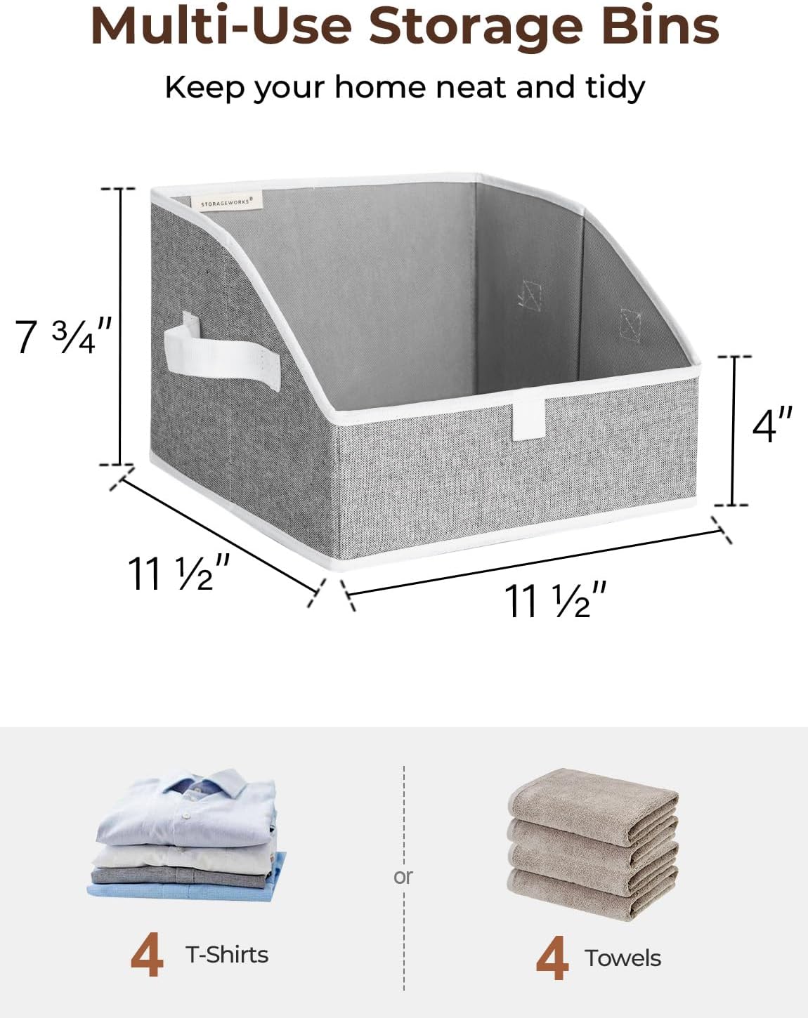 StorageWorks Closet Storage Bins, Trapezoid Organizer Box for Shelves, Fabric Clothes Bin, Foldable Organizing Baskets with Handles, Small, 3-Pack, Gray