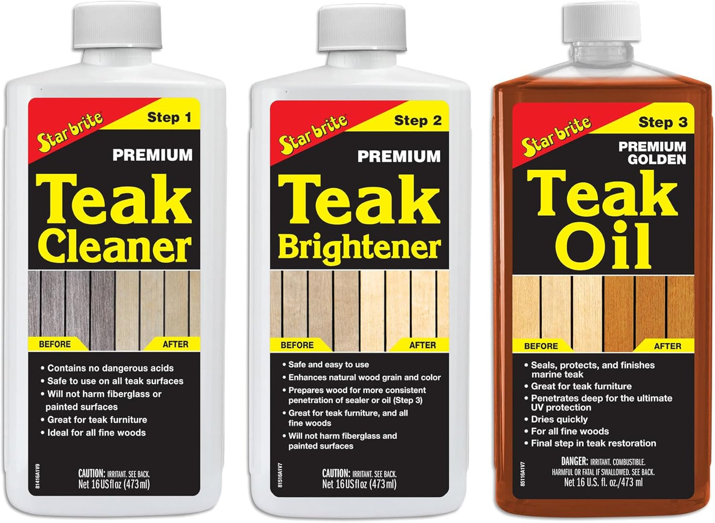 STAR BRITE Teak Care 3 Step Kit - Teak Cleaner + Teak Brightener + Teak Oil - 16 OZ (081216)