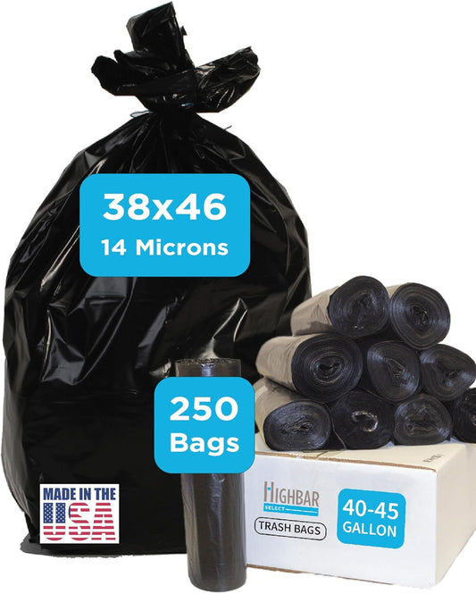 Black Garbage Bags, Made in USA, 40-45 Gallon, Light Duty, Durable, Unscented, High Density, Industrial and Commercial Use, for Lawn, Leaf, No Ears, No Ties, Bulk 250 Count