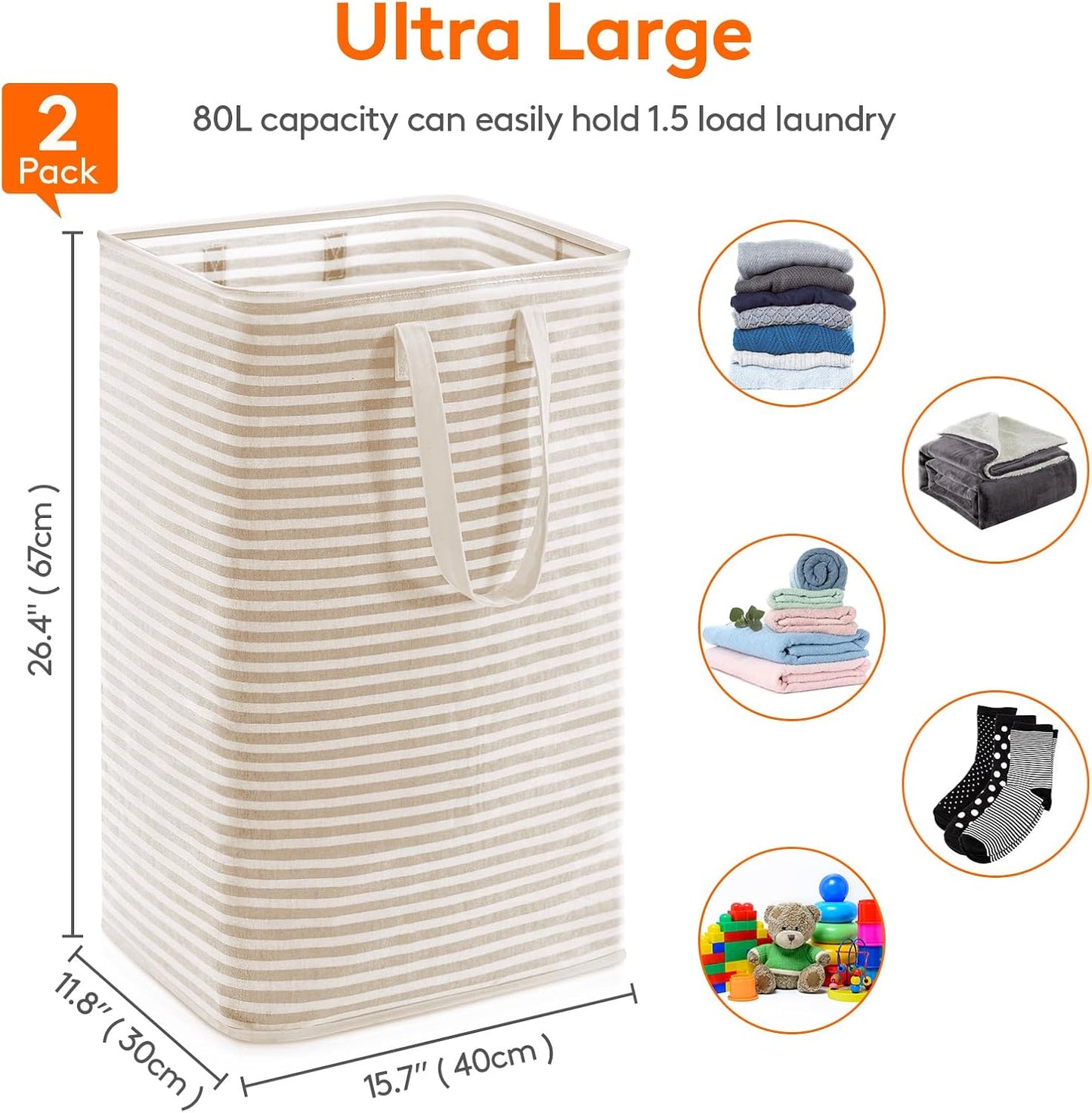 Lifewit Laundry Hamper Large Collapsible Laundry Basket, Freestanding Waterproof Clothes Hamper Storage with Easy Carry Handles for Clothes in Bedroom Bathroom College Dorm for Adults,Beige, 80L