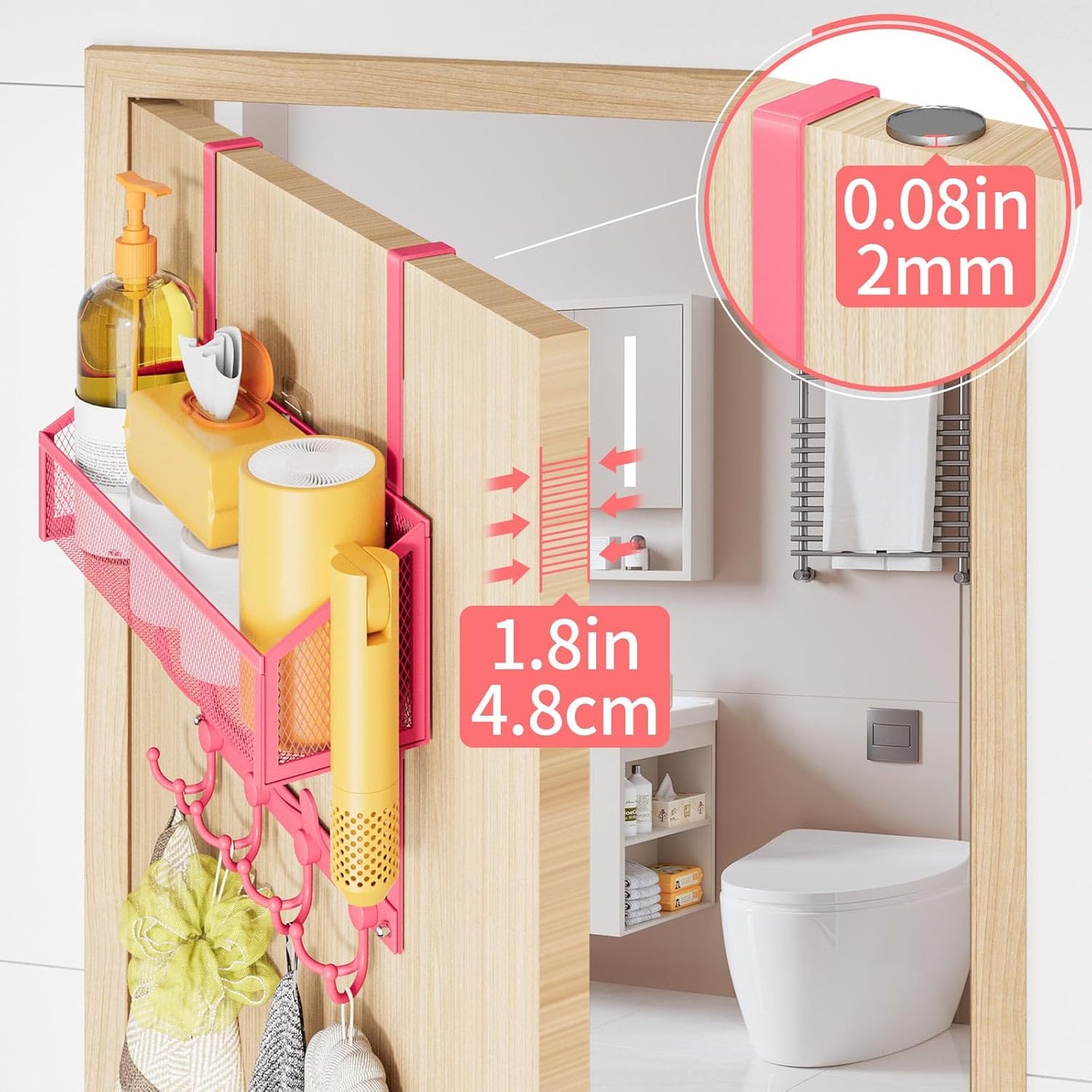 Over The Door Hooks Organizer, Coat Rack Over The Door Storage Hanger Towel Rack, Back of Storage Organizer for Bathroom,Bedroom,Kitchen,Office(Pink 2-Tier)