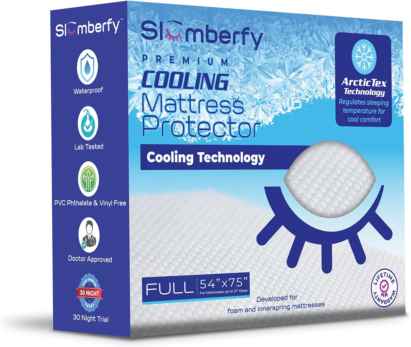 Full Size Waterproof Cooling Mattress Protector by Slumberfy - Premium Skin-Safe Cover, Natural Fabric with ArcticTex Technology, Noiseless Quilted Cover – 54x75 in.
