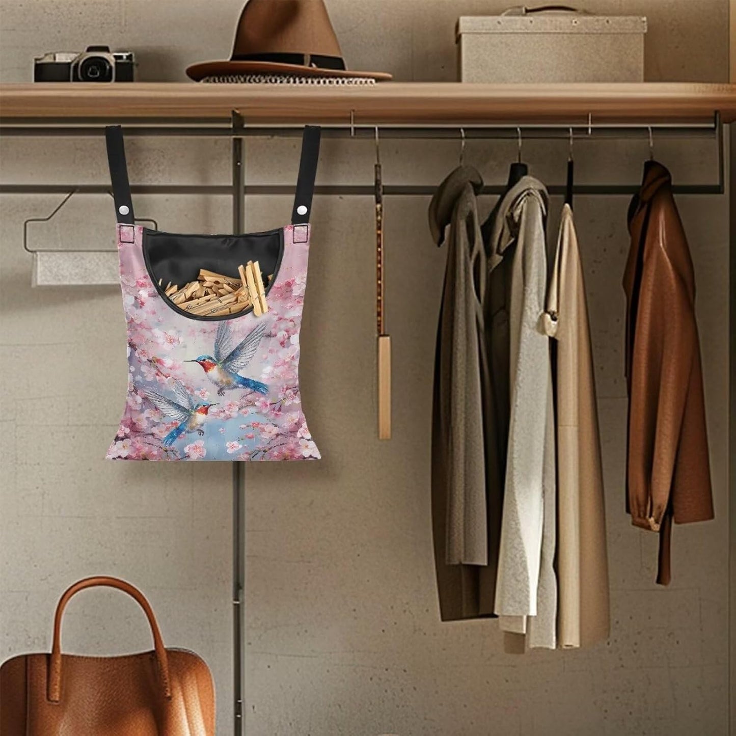 Pin Bag, Hummingbird Print Clothes Pin Hanging Bag Clothespin Storage Organizer with Large Opening Storage Organizer Space-Saving Laundry Hanging Bag