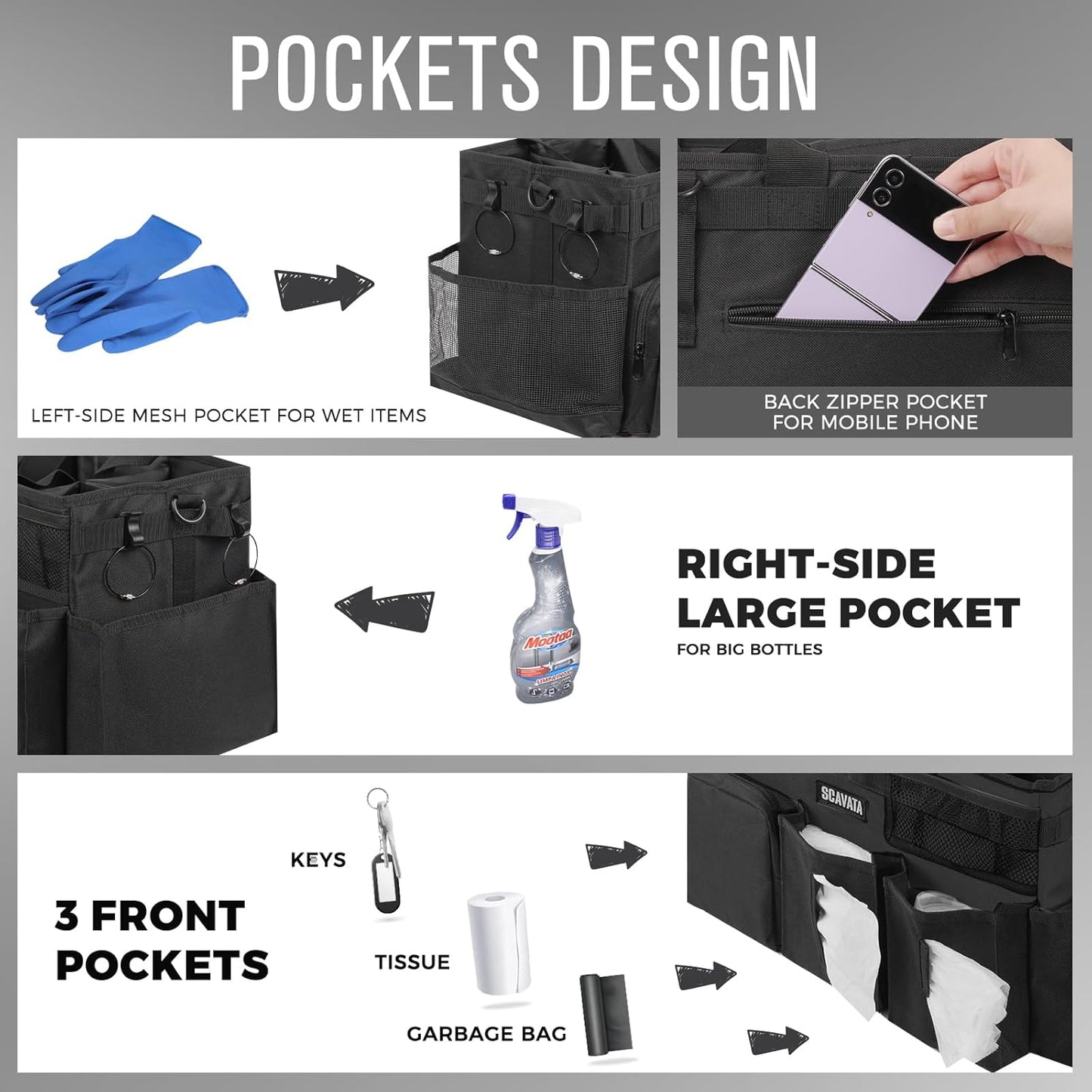 Wearable Cleaning Caddy Bag, Supplies Organizer with Handle & Shoulder Straps for Housekeepers, Under Sink & Car Cleaning Tool Organizer with 4 Foldable Dividers (Black)