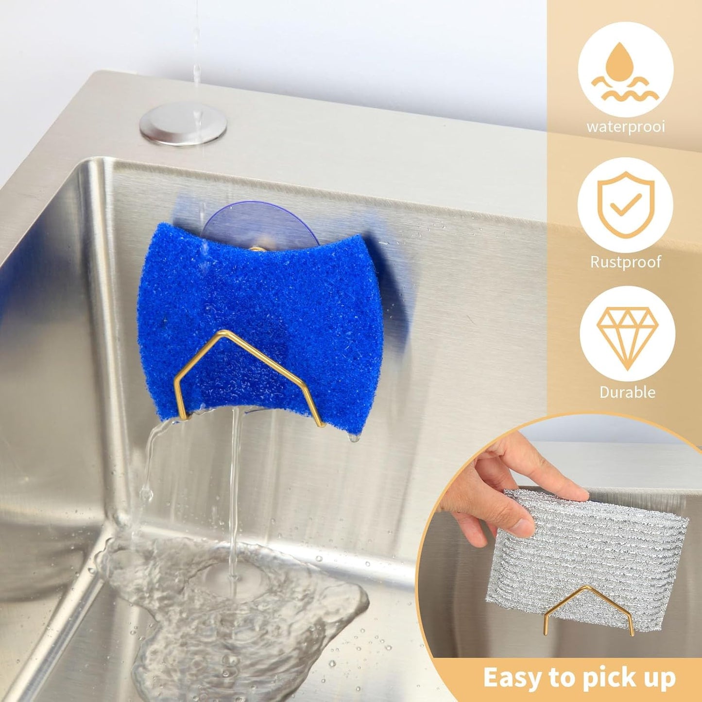 Snailhouse Sponge Holder for Kitchen Sink, 2 Pack Suction Cup Stainless Steel Rustproof Dish Sponge Rack Organizer Holder Basket Accessories, Gold