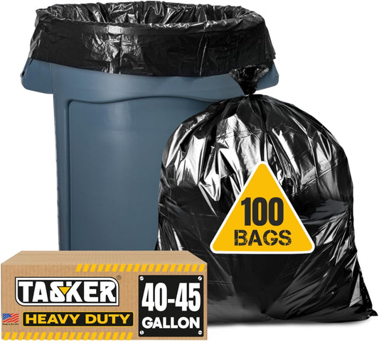 Tasker 45 Gallon Trash Bags, (Value-Pack 100 Bags w/Ties) Extra Large Black Garbage Bags - 39 Gallon - 40 Gallon - 42 Gallon - 44 Gallon - 45 Gallon Large Trash Bag Can Liners Capacity