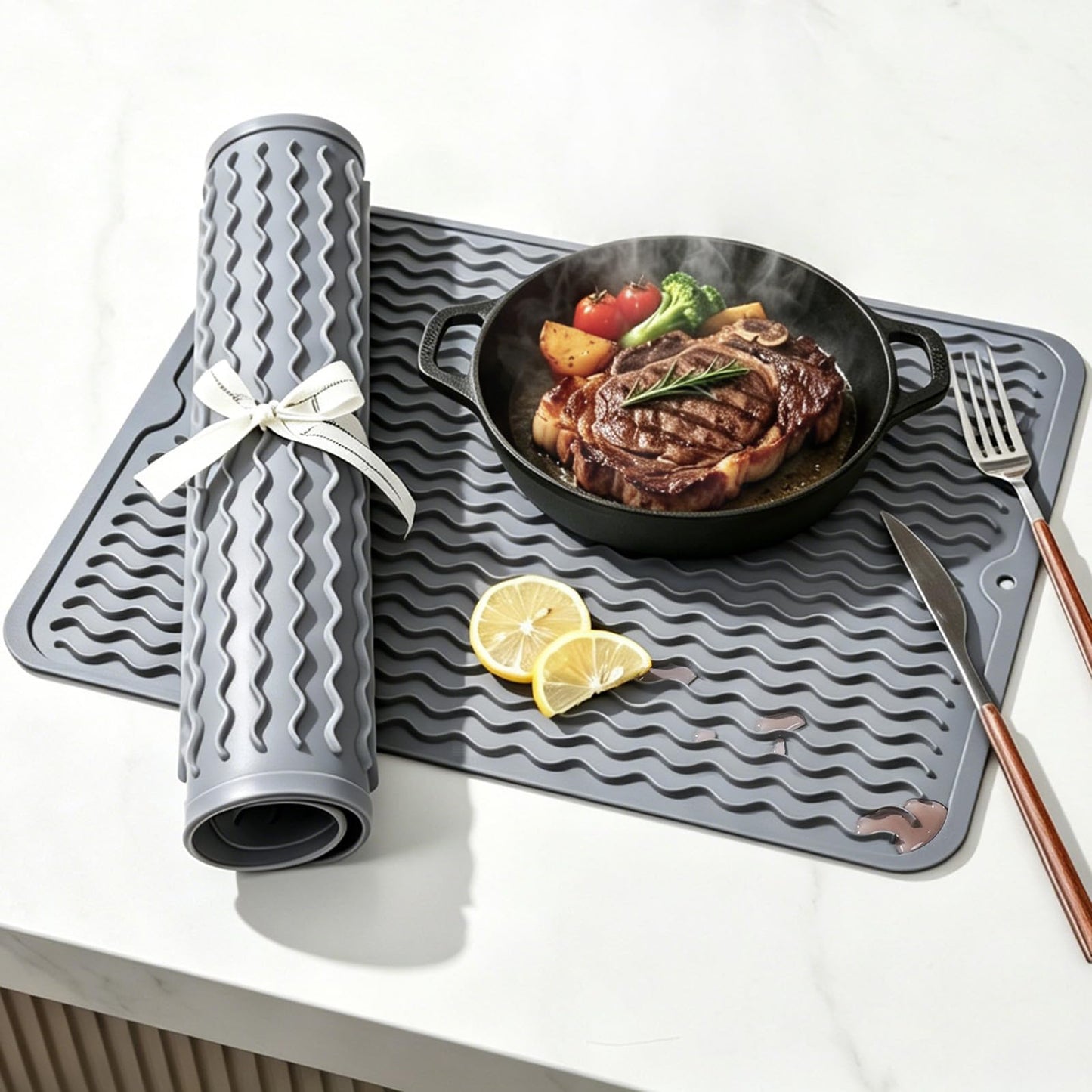 2 Pack Caketime Silicone Dish Drying Mat for Kitchen Counter Heat Resistant Under Sink Waterproof
