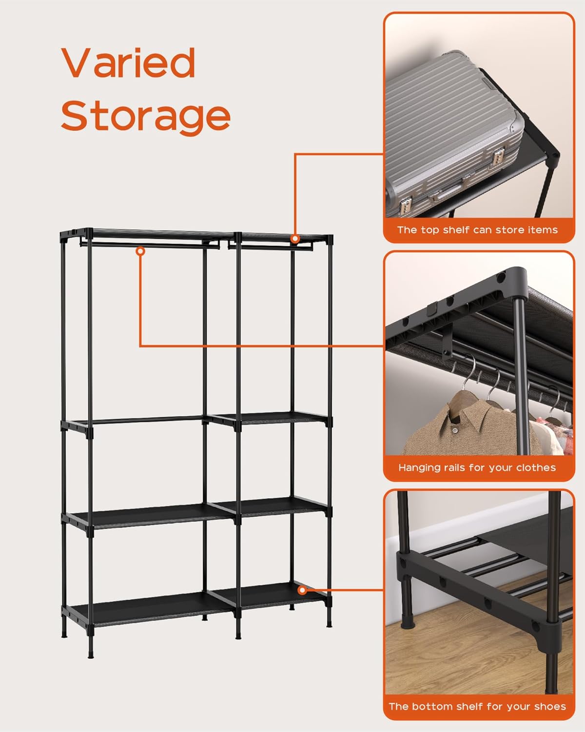 Clothes Rack, Portable Closet, 44.9 Inch Large Capacity Wardrobe Closet, Clothes Storage Organizer with Shelves and 2 Hanging Rods, Easy to Assembly, Black PCT021B01