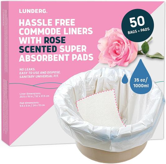 Lunderg Commode Liners with Absorbent Pads - Rose Scent Medical Grade 50 Count Universal Fit - Disposable Bedside Commode Liners and Pads for Adult Chairs, Portable Buckets & Camping Toilet Bags
