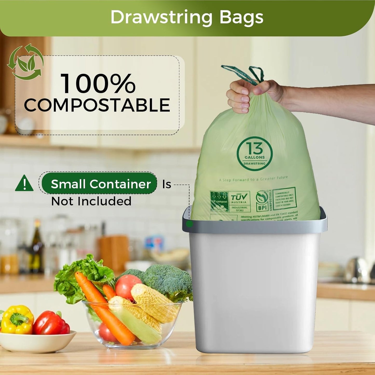 13 Gallon Compostable Trash Bags with Drawstring, Heavy Duty Extra Thick 1 Mil, 49.21 Liter, 30 Bags, Tall Kitchen Food Scrap Waste Bag, ASTM D6400, US BPI and OK Compost Home Certified