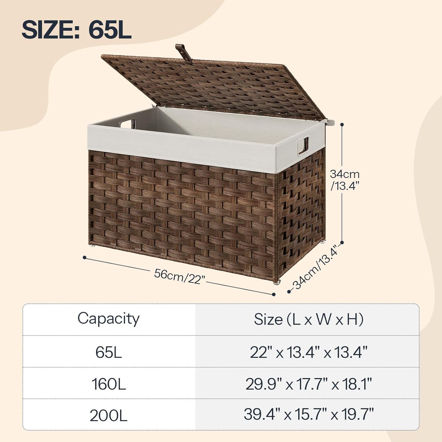 HOOBRO Storage Basket with Lid, 17.2 Gallon (65L) Wicker Basket, Handwoven Blanket Storage Basket with Handles, Metal Frame and Soft Lining, Foldable for Bedroom, Laundry Room, Brown BR265CW01