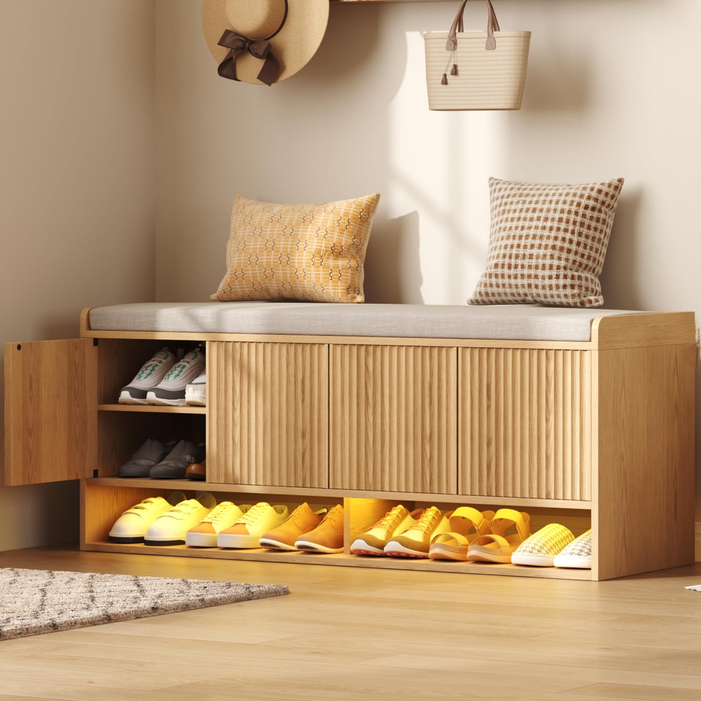 HOMEFORT 47.2" Fluted Shoe Storage Bench, Entryway Bench with Linen Seat Cushion, Shoe Cabinet
