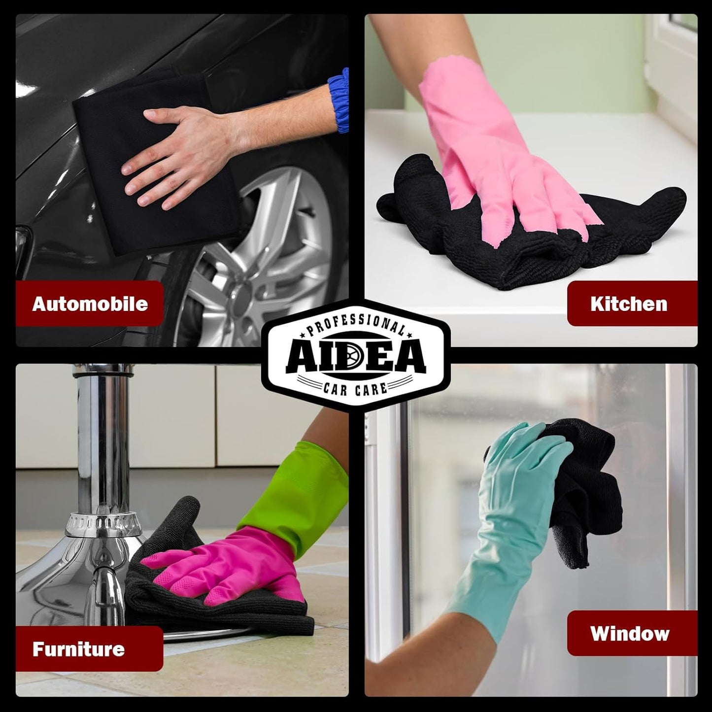 AIDEA Microfiber Cleaning Cloth Black 10PK, Microfiber Towels for Cars, Premium Wash Cloths, Dusting Cloth Lint Free Cleaning Rags for SUVs, House, Kitchen, Window, Cleaning Supplies12×12"