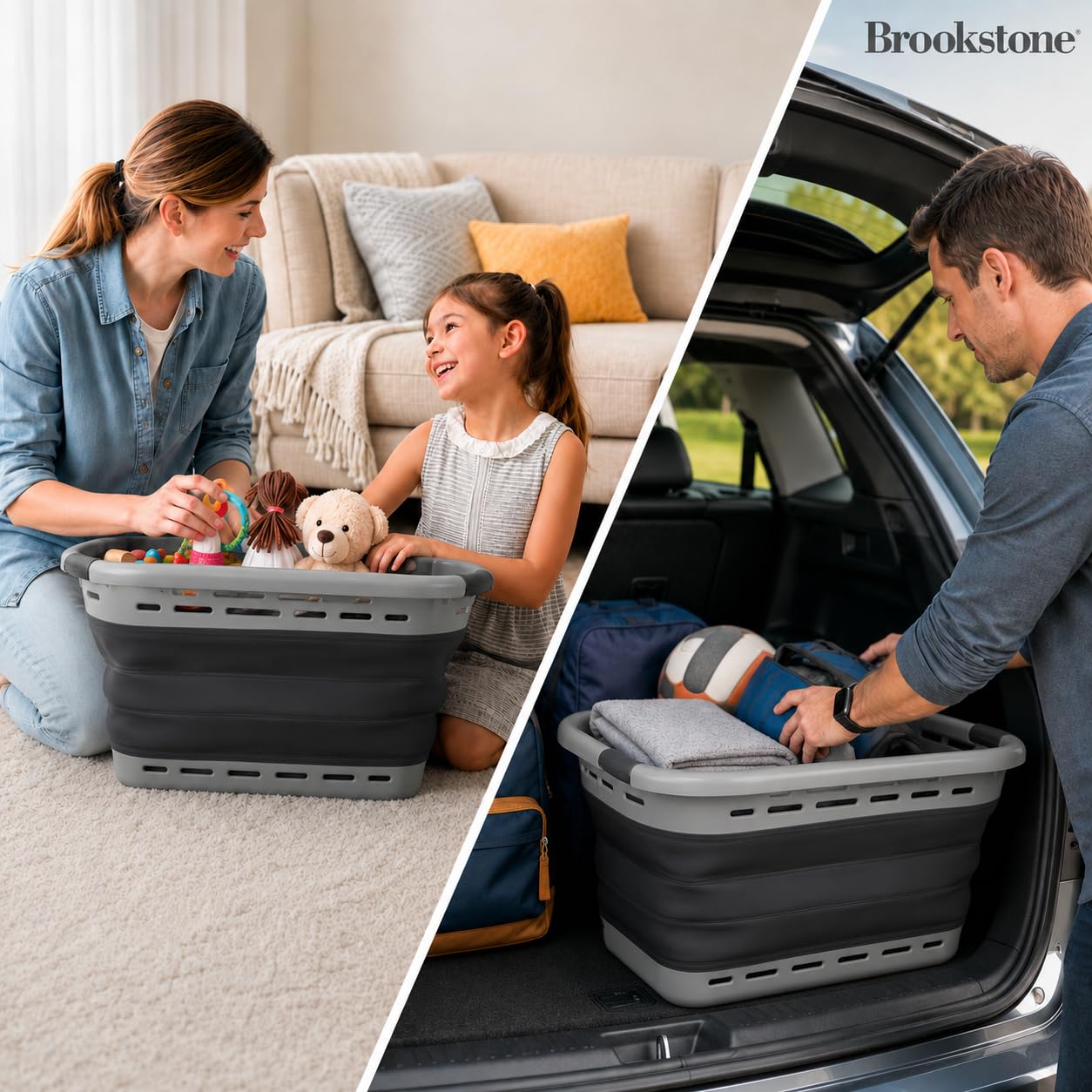 BROOKSTONE 11 GALLON XL 24" Collapsible Laundry Basket & Clothes Hamper, Comfort Non-Slip Handles