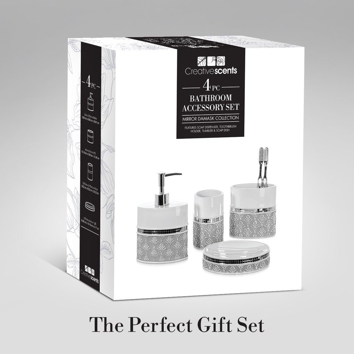 Creative Scents Mirror Damask Bathroom Accessory Set Complete - Decorative 4 Piece White and Gray Bathroom Set Includes: Soap Dispenser, Soap Dish, Toothbrush Holder and Tumbler