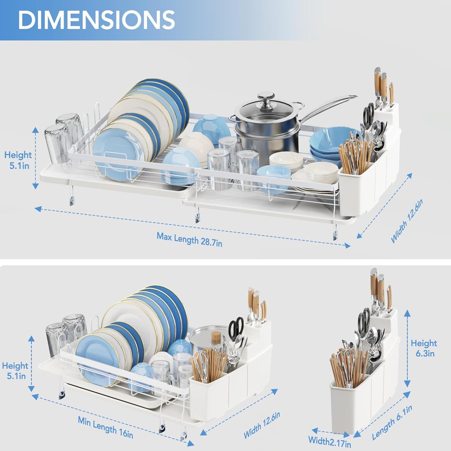 ROTTOGOON Expandable Dish Drying Rack,Multifunctional Adjustable Dish Drainer with Swivel Spout and Anti-Rust Dish Rack with Removable Cutlery & Cup Holders for Kitchen Counter,White