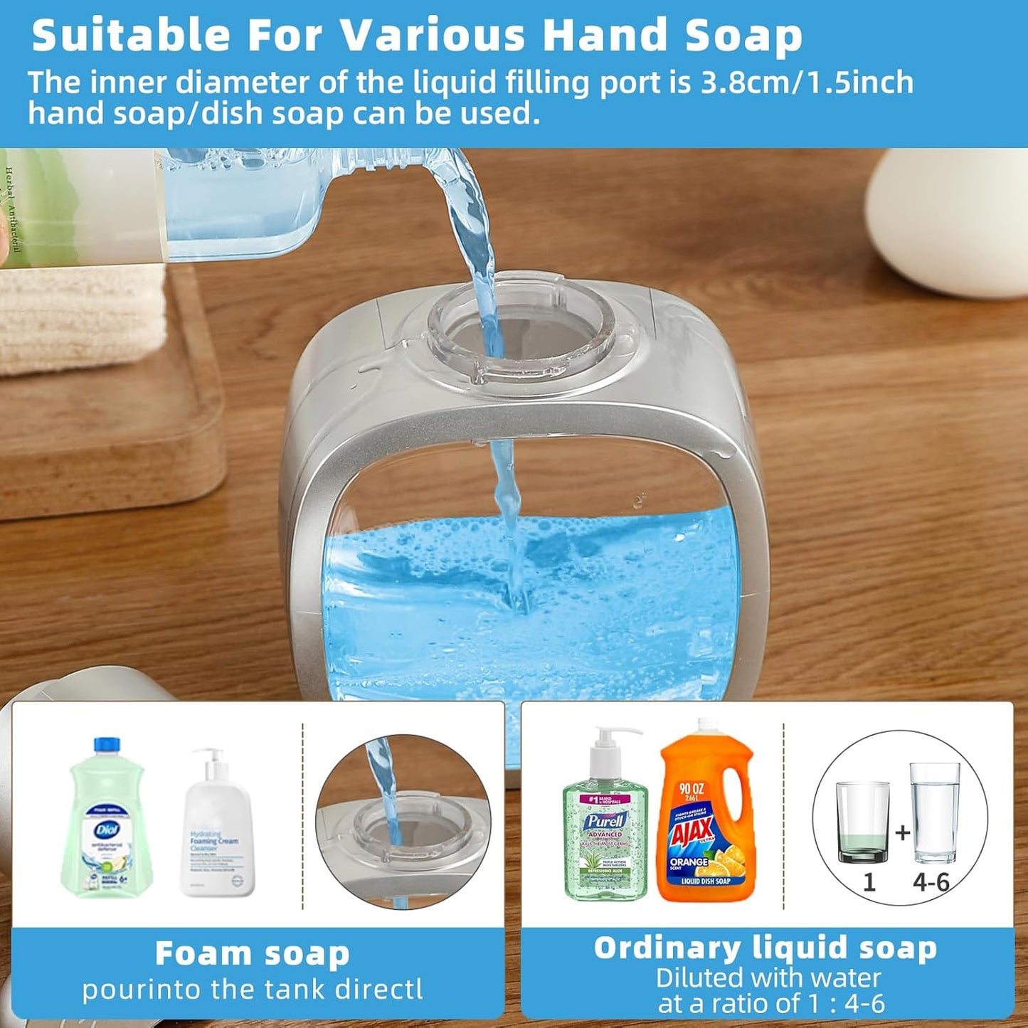 Automatic Foaming Soap Dispenser, 17oz/500ml Touchless Rechargeable with 4-Level Adjustable & IPX5 Waterproof - Level Display for Wall/Tabletop Use in Bathroom, Kitchen, Silver