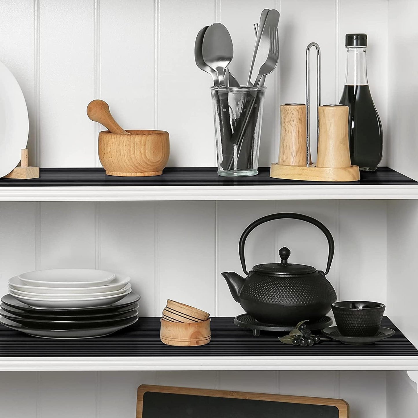 Shelf Liners for Kitchen Cabinets Non Adhesive Drawer Liner EVA Material Cupboard Mat Refrigerator Mats Washable Fridge Liner for Cabinet, Storage and Desks 23.6 x 393.7 Inches Black