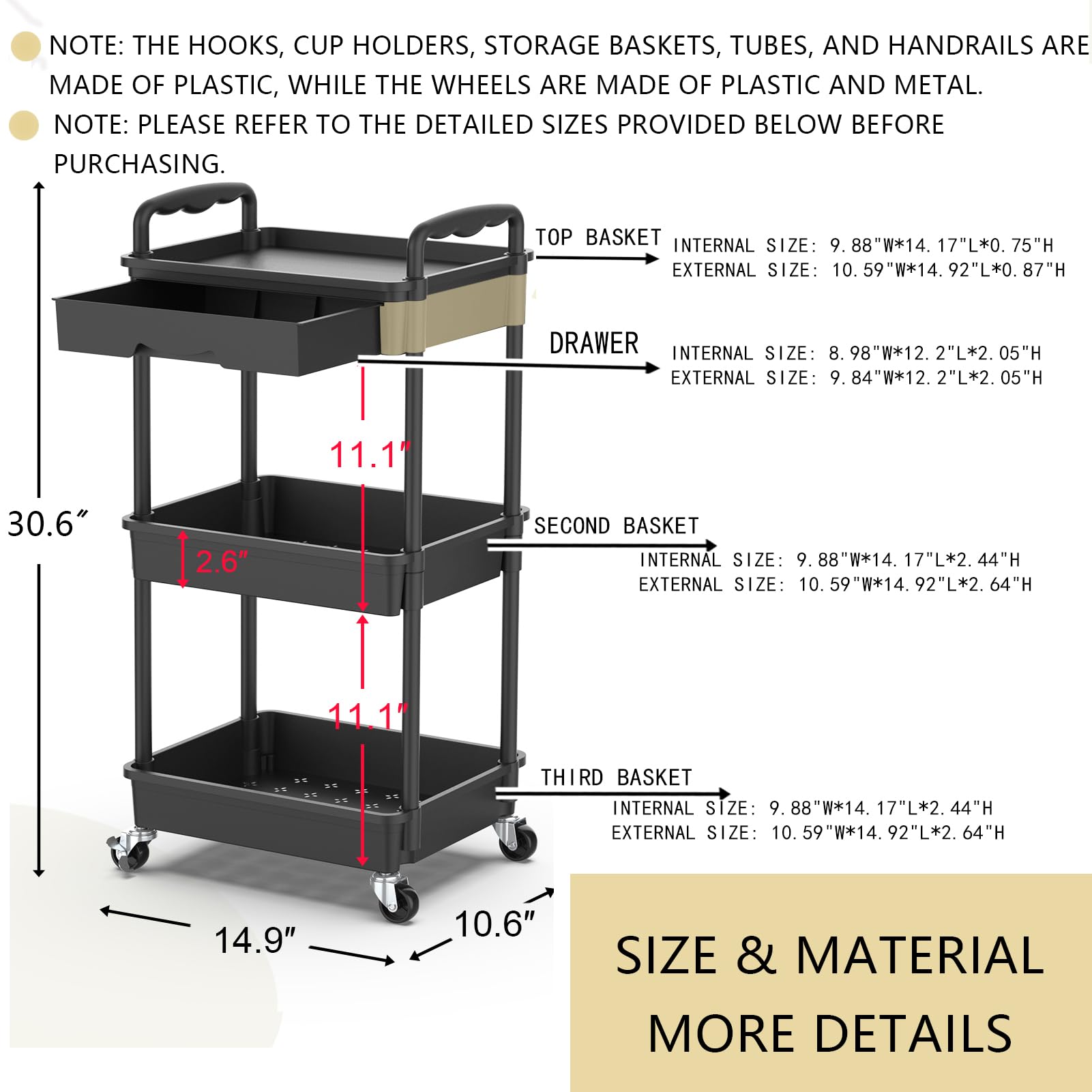Goovilla 3 Tier Rolling Utility Cart Organizer with Removable Drawer, Black