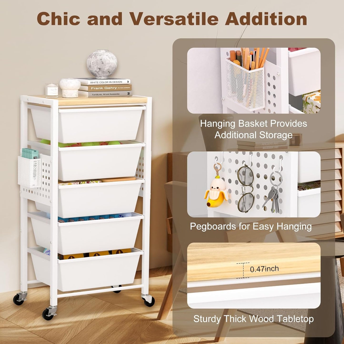 Rolling Cart with Drawers, Rolling Storage Cart with 5 Large Plastic Drawers & Wooden Tabletop, Utility Cart with Pegboards & Basket, Storage Drawers Cart for Living Room, Classroom, Bedroom, Office