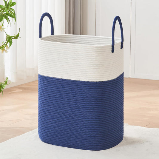 Laundry Basket with Handles - Blanket Basket & Hampers for Bedroom Aesthetic, Laundry Hamper & Blanket Storage for Living Room, Clothes Hamper, Tall, Large 17" x 14" x 23”, White & Dark Blue