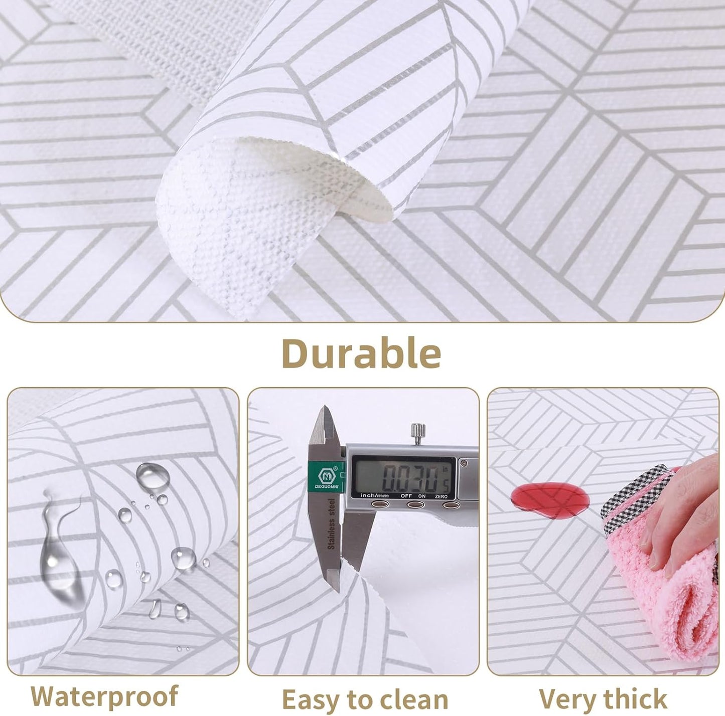 Shelf Liners for Kitchen Cabinets Non Adhesive Shelf Liner Paper Non-Slip Thickened Drawer Liner Easy to Clean for Tool Box Refrigerator with Knife and Tape Measure, Silver Geometric, 23.6 x 354.3 in