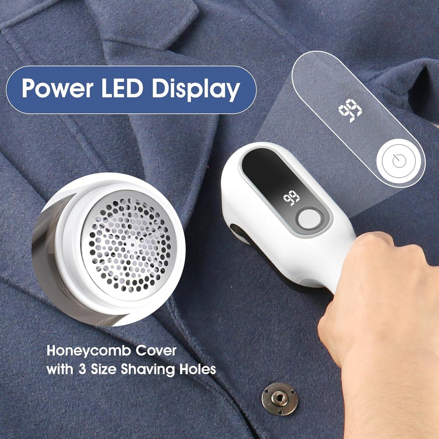 Rechargeable Electric Fabric Shaver Lint Remover with LED Display, Sweater Shaver 2- Speed to Remove Fuzz and Pill for Clothes, Furniture, Couch and Blanket(White)