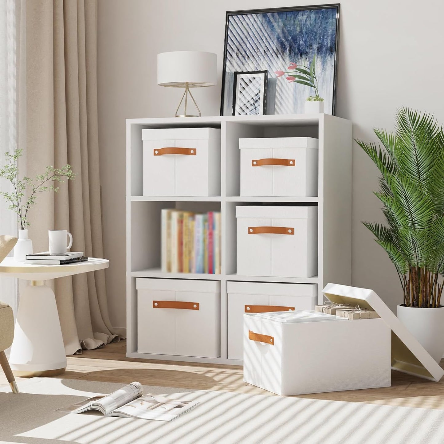 Fabric Storage Bins, Clothes Boxes for Shelves with Lids, Baskets for Organizing with Handles, Decorative Linen Closet Organizers, White, 5 Pack, 15 x 9.8 x 8.3 Inch