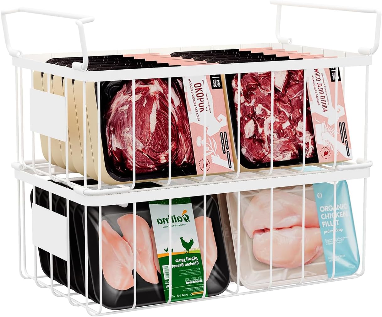 Freezer Storage Organize Baskets - 2 Pack Stackable Deep Freezer Organizer Bins for Most 7 Cu.FT Chest Freezer with Handles, Sturdy but Light, Metal Coated, Add Space, Easy to Reach